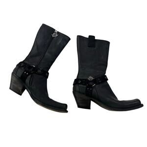Siren by Marc Nason Black Leather Square Toe Boot Size 9 Rose Cowhair Block Heel